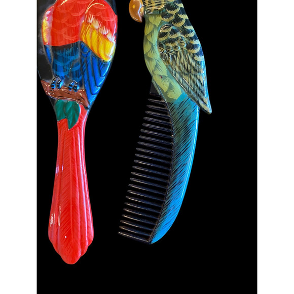 Parrot Bird Set Lot Comb & Mirror Set Handheld Carved Detail Vintage Lot - Picture 5 of 10